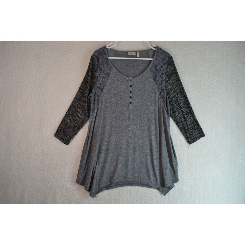 LOGO Lori Goldstein Women's Large Gray Color Block Tunic with Lace Accents